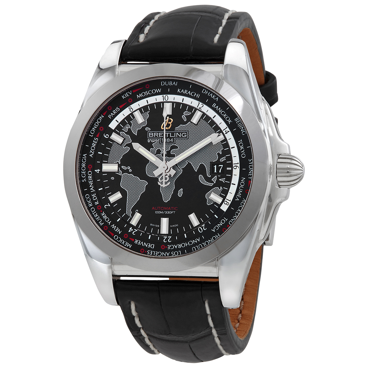 Breitling Galactic Unitime Black Leather Men's Watch WB3510U4-BD94BKCD