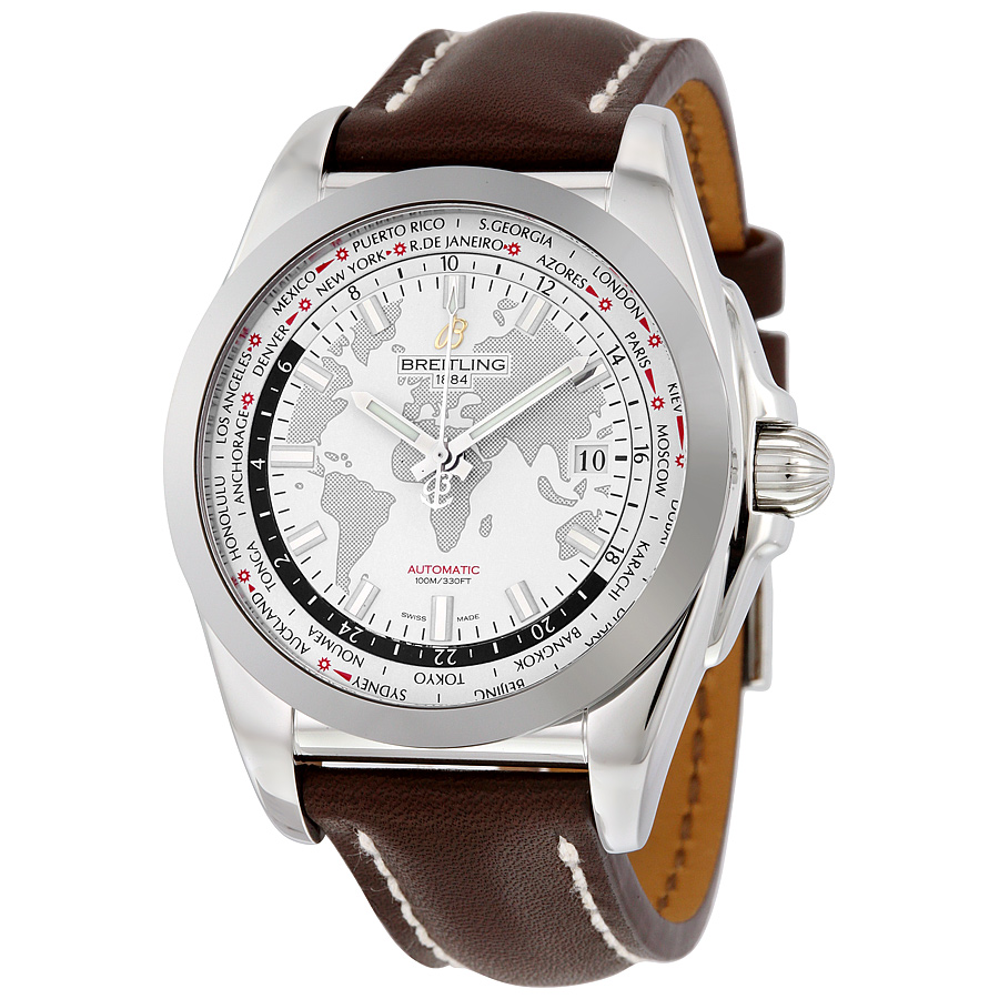 Breitling Galactic Unitime White Dial Dark Brown Leather Men's Watch WB3510U0-A777DBRLT