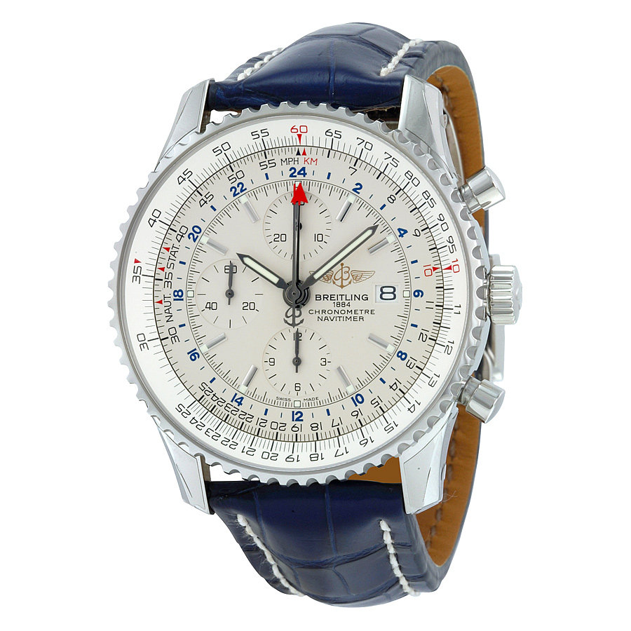 Breitling Navitimer World Chronograph Automatic Silver Dial Blue Leather Men's Watch A2432212-G571BLCD