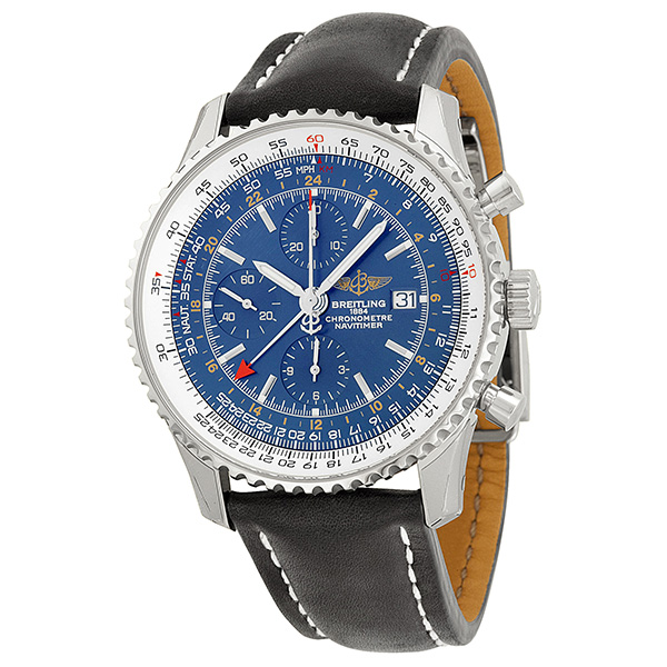 Breitling Navitimer World Chronograph Blue Dial Black Leather Men's Watch A2432212-C651BKLD