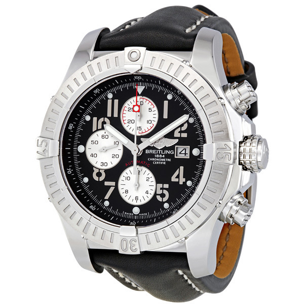 Breitling Super Avenger Black Dial Black Leather Strap Chronograph Men's Watch A1337011-B973BKLT