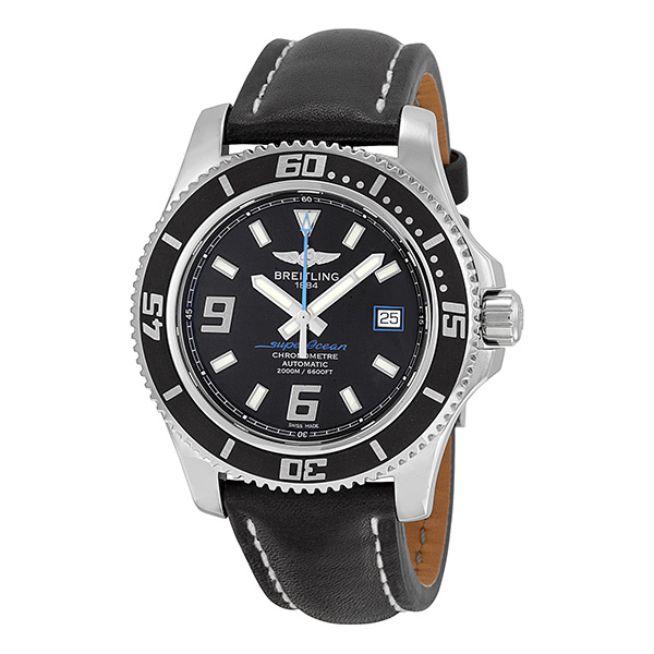 Breitling Superocean 44 Black Dial Black Leather Automatic Men's Watch A17391A8-BA79BKLT