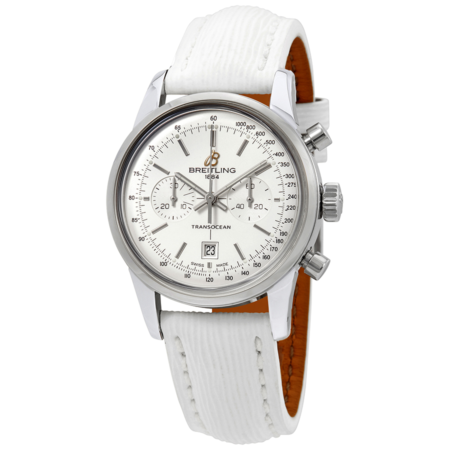 Breitling Transocean Automatic Silver Dial White Leather Watch A4131012/G757-237X