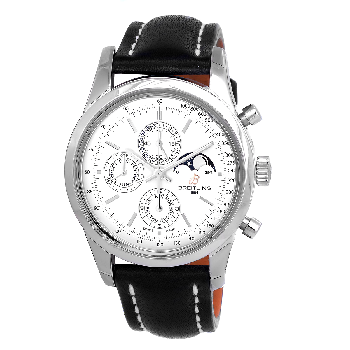 Breitling Transocean Chronograph 1461 Silver Dial Black Leather Men's Watch A1931012-G750BKLT