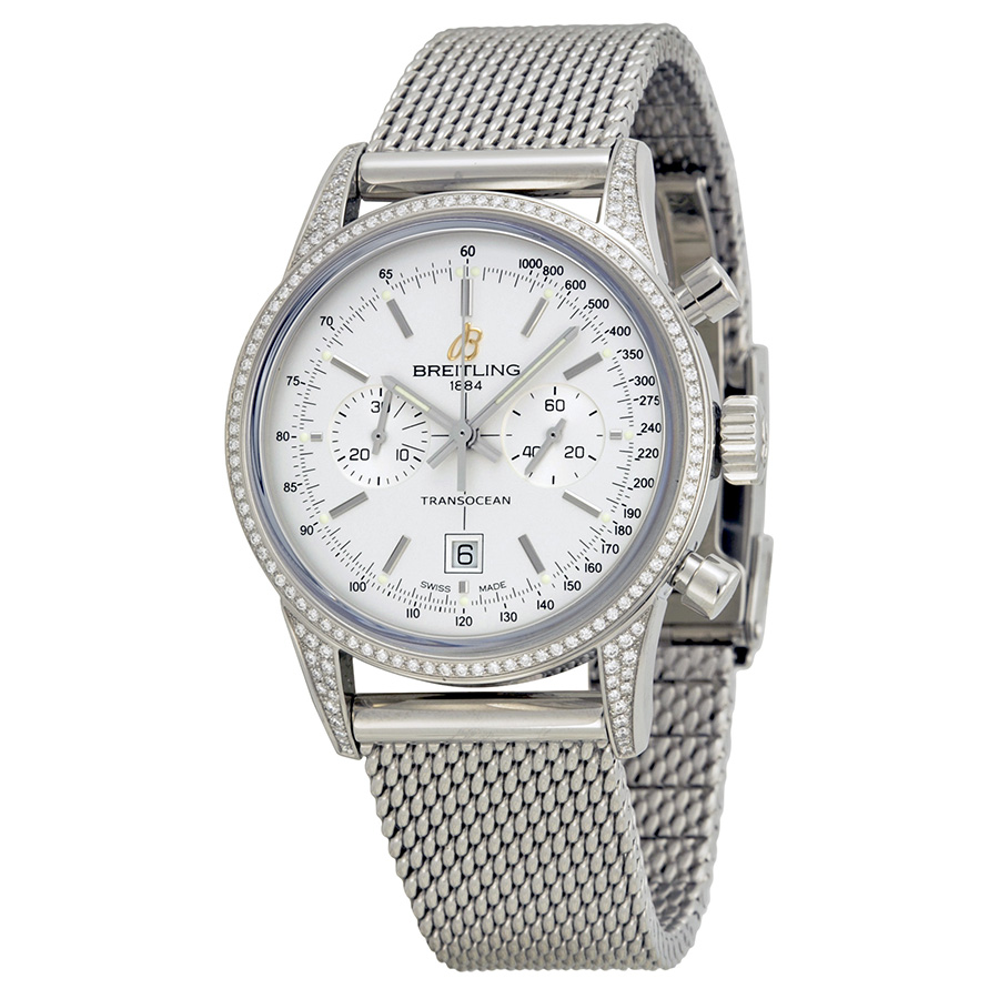 Breitling Transocean Chronograph Silver Dial Stainless Steel Unisex Watch A4131063-G757SS