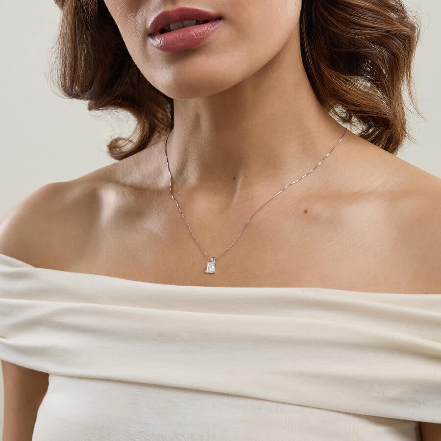 Brilliant Diamond 1/2 Carat Emerald Lab Grown Diamond Solitaire Pendant In 14k White Gold In White