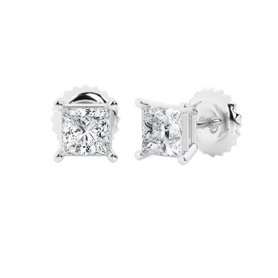 Brilliant Diamond 14k White Gold Igi Certified 3 Carat Princess Cut Lab Grown Diamond Stud Earrings  In White