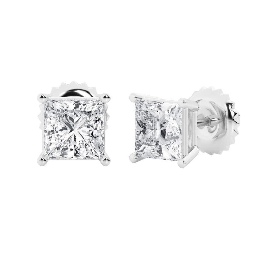 Brilliant Diamond 14k White Gold Igi Certified 4 Carat Princess Cut Lab Grown Diamond Stud Earrings  In White