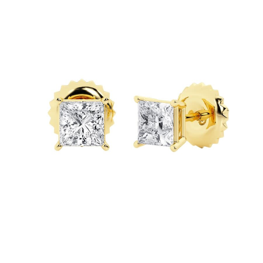 Brilliant Diamond 14k Yellow Gold Igi Certified 2 Carat Princess Cut Lab Grown Diamond Stud Earrings In Yellow