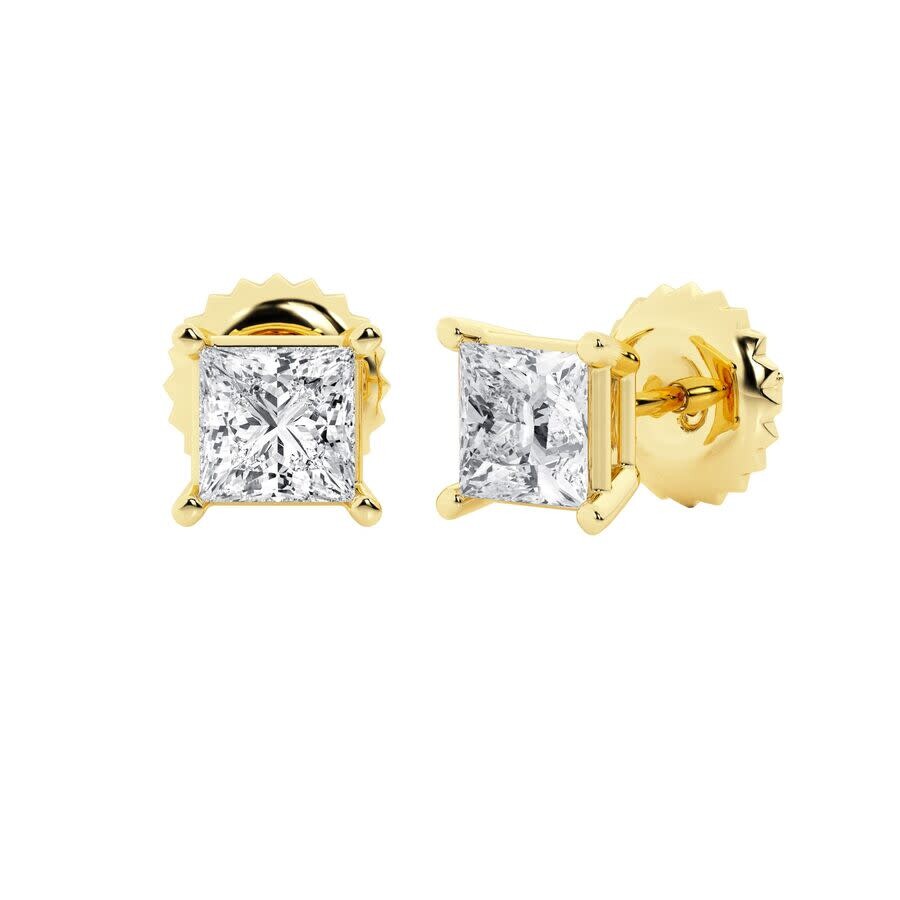 Brilliant Diamond 14k Yellow Gold Igi Certified 3 Carat Princess Cut Lab Grown Diamond Stud Earrings In Yellow