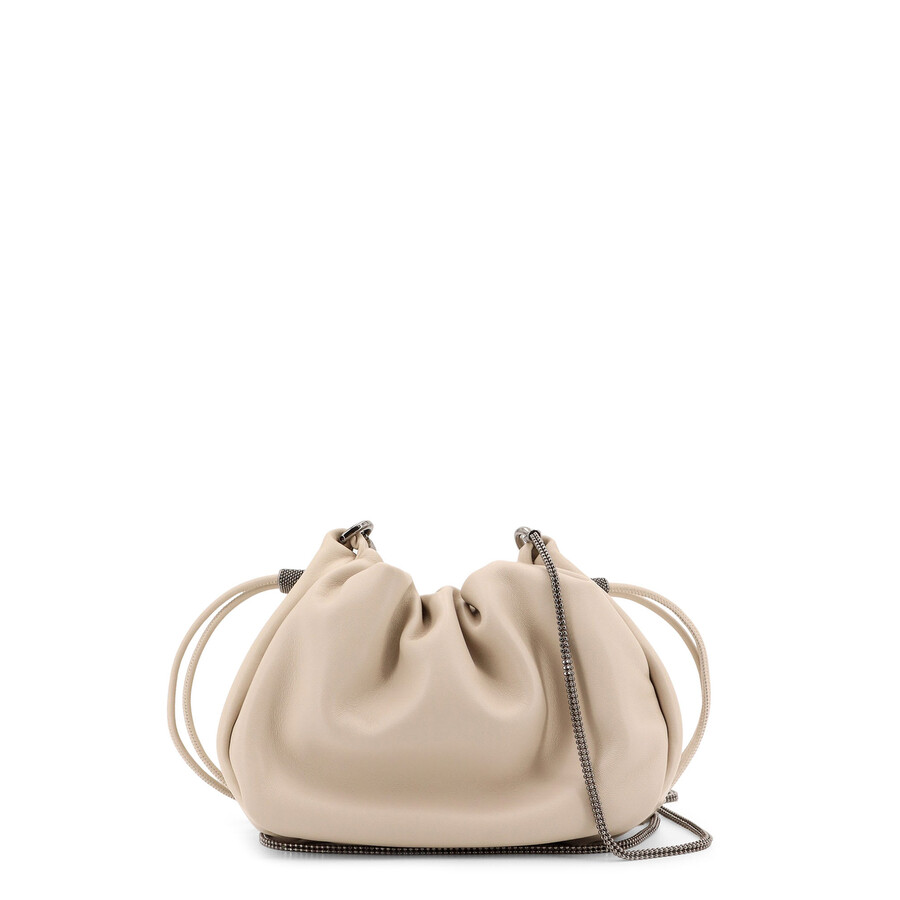 Brunello Cucinelli Mellow Mini Bucket Bag In Soft Leather With Precious Chain In Pattern
