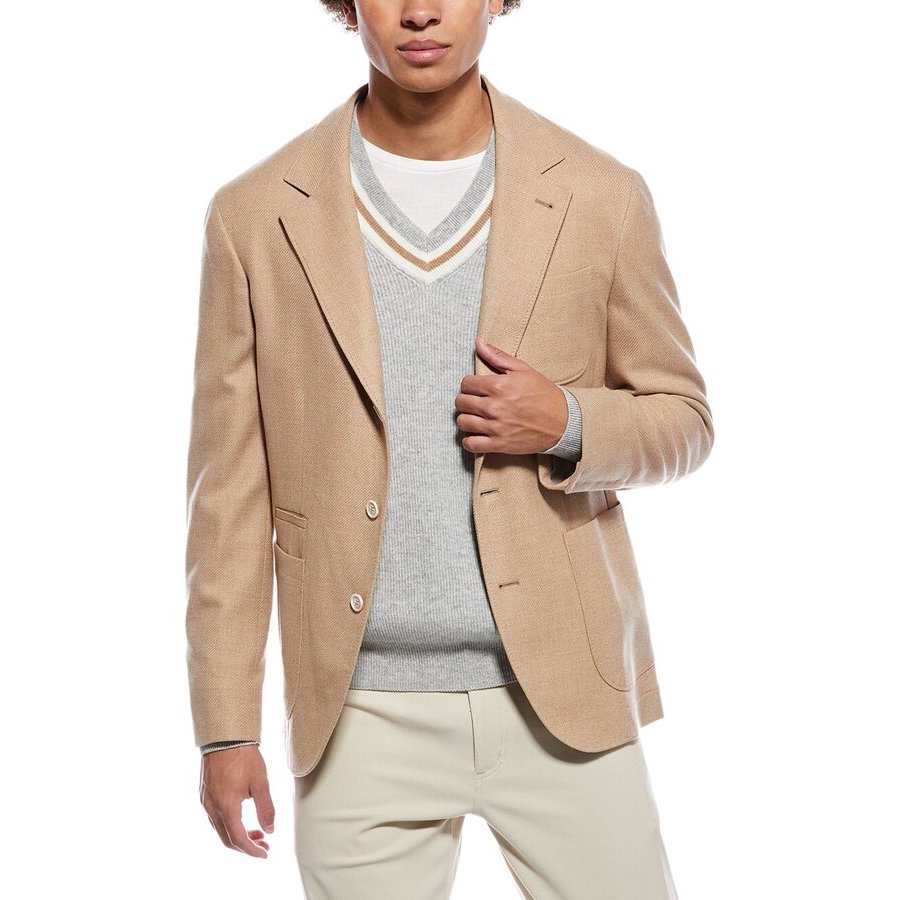 Brunello Cucinelli Men'S Camel Wool Silk Blazer, Size 48