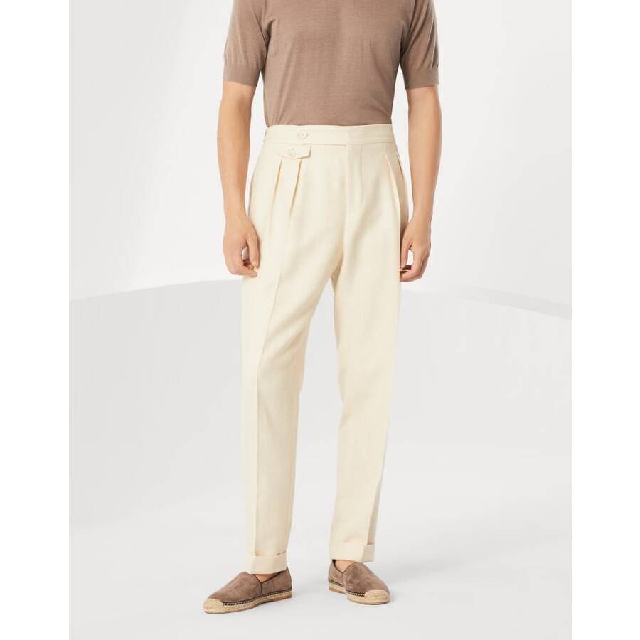 Brunello Cucinelli Men'S Cream Wool Silk Linen Trousers, Size 44