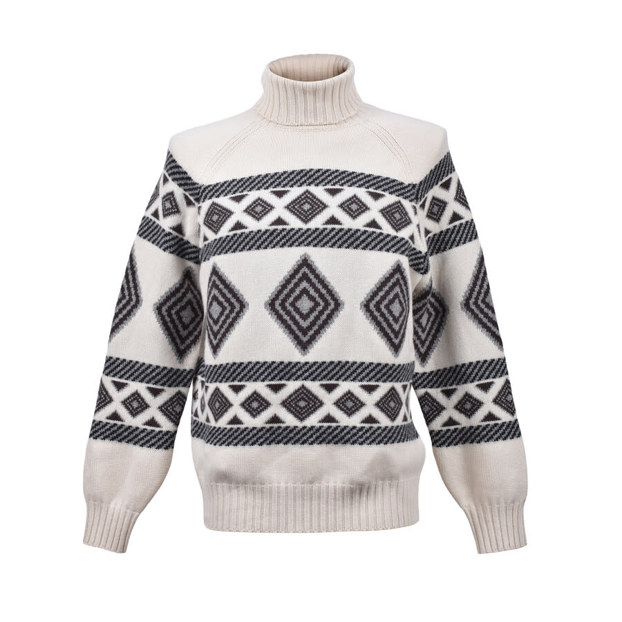 Brunello Cucinelli Men'S White Black Cashmere Patterned Turtleneck