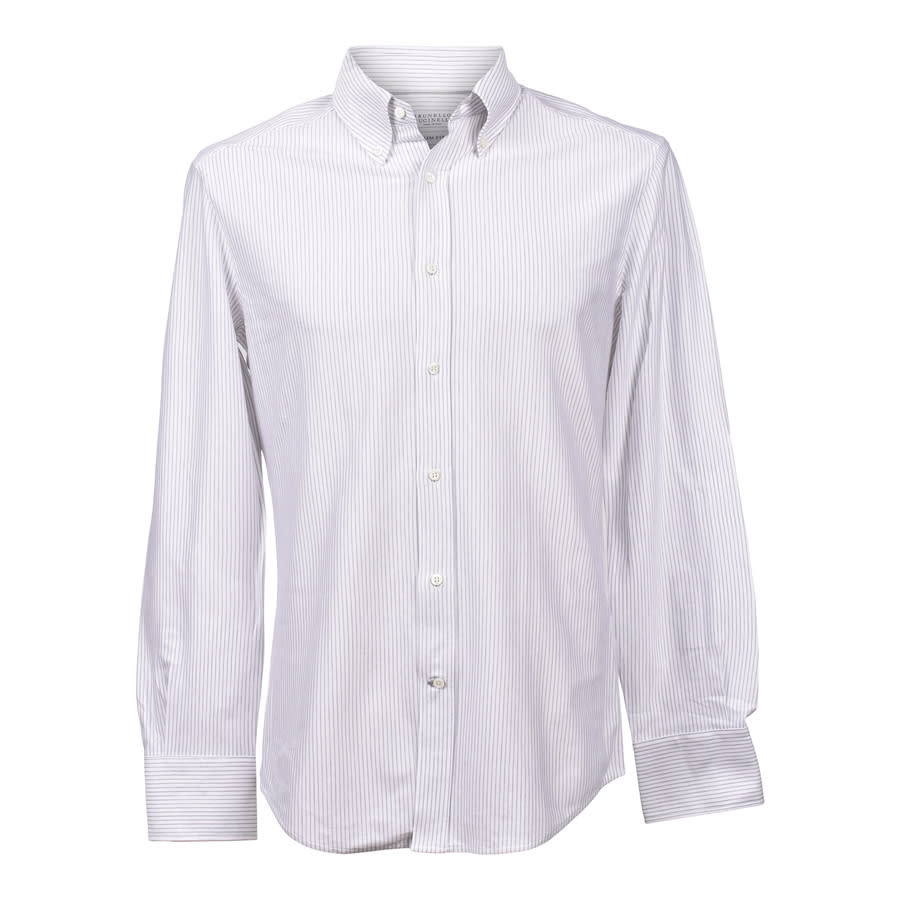 Brunello Cucinelli Men'S White Mocha Striped Dress Shirt, Size 3XL
