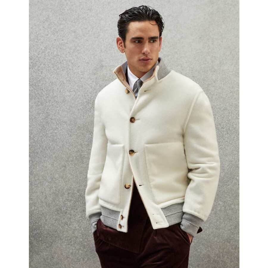 Brunello Cucinelli Men'S White Wool Bomber Jacket, Size 36
