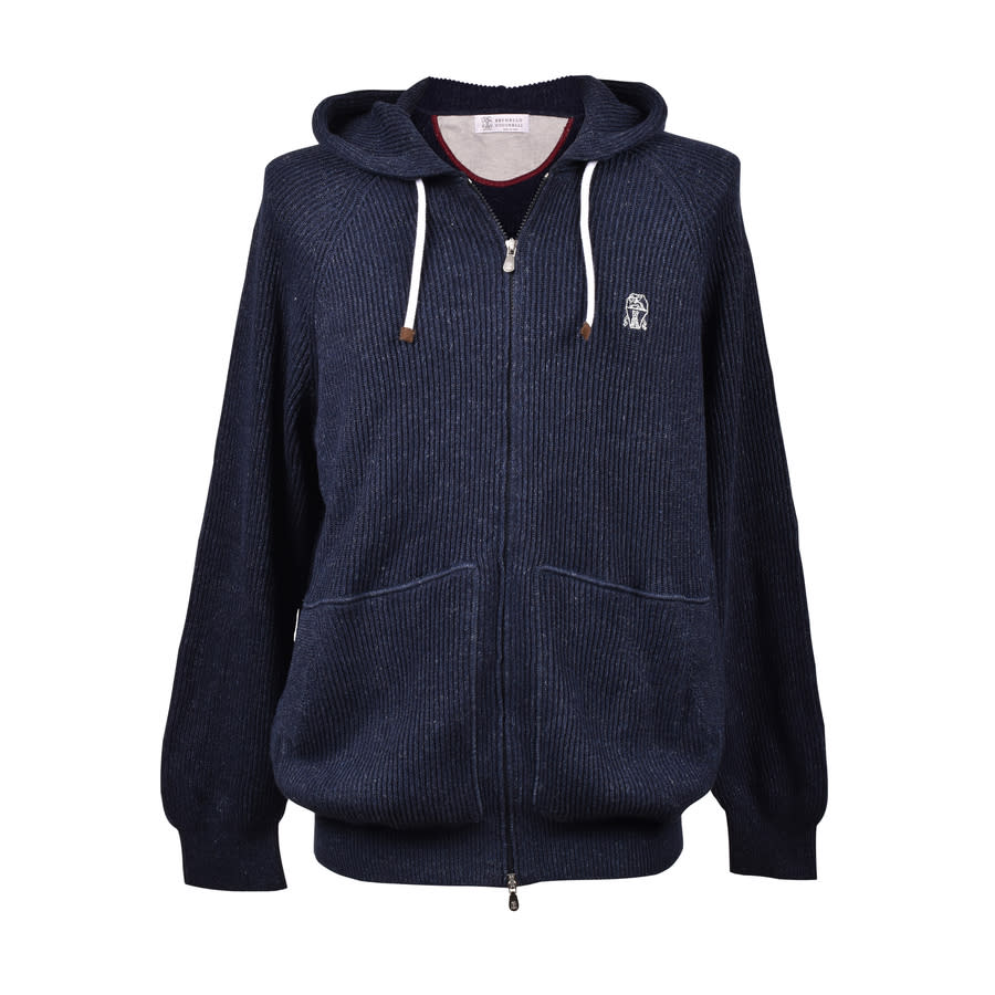 Brunello Cucinelli Navy Knit Zip-Up Hoodie Sweater, Size XXS