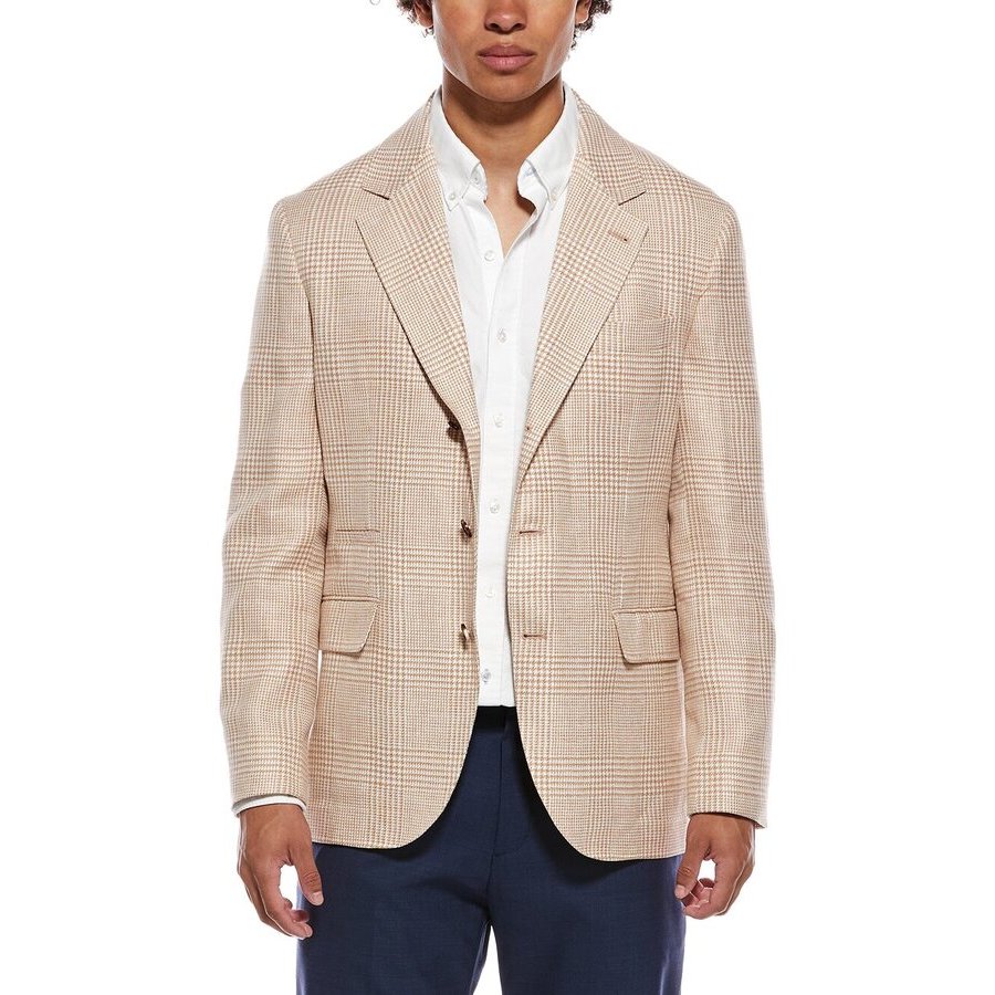 Brunello Cucinelli Papaya Linen Wool Check Blazer, Brand Size 56
