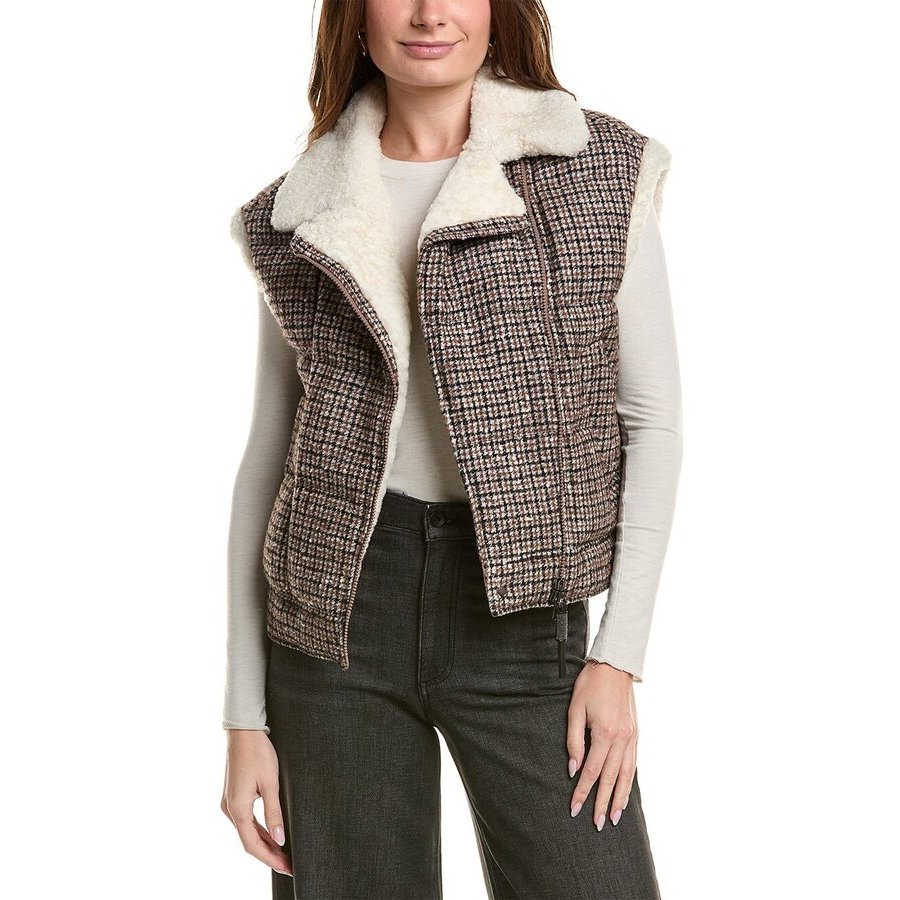Brunello Cucinelli Plaid Sleeveless Vest With Shearling Collar In Multi