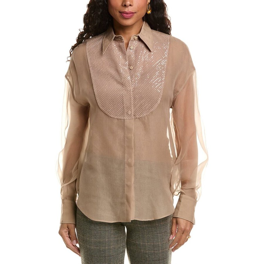 Brunello Cucinelli Womens Almond Butter Silk Shirt, Size XL