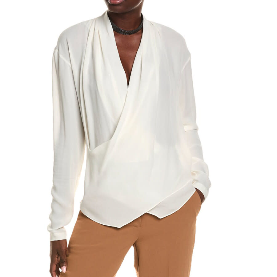 Brunello Cucinelli シルクブラウス 長袖 アイボリー Brunello Cucinelli Women'S Natural Silk Draped Long Sleeve Shirt