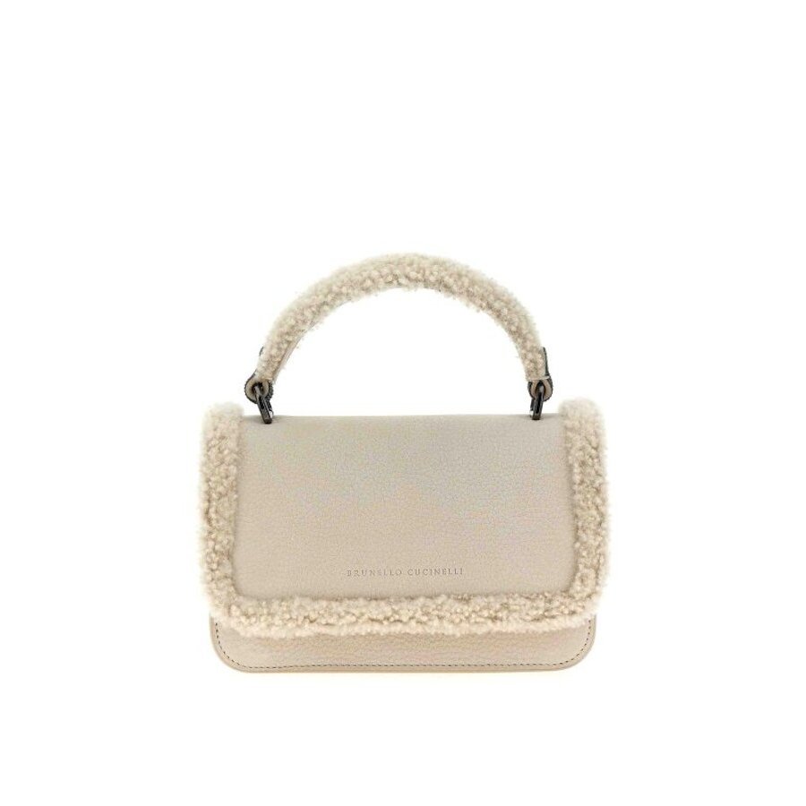 Brunello Cucinelli Womens New Lamb Shearling Trimmed Leather Bag
