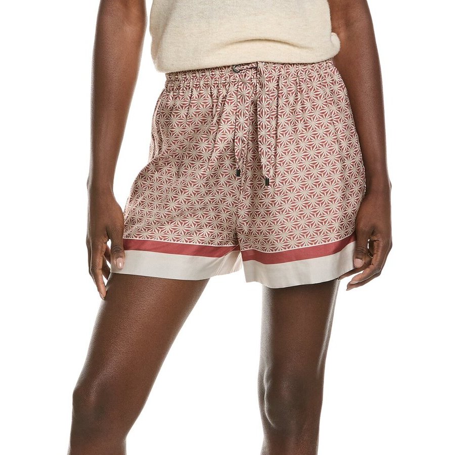 Brunello Cucinelli Women's Red Beige Silk Patterned Shorts, Size 8