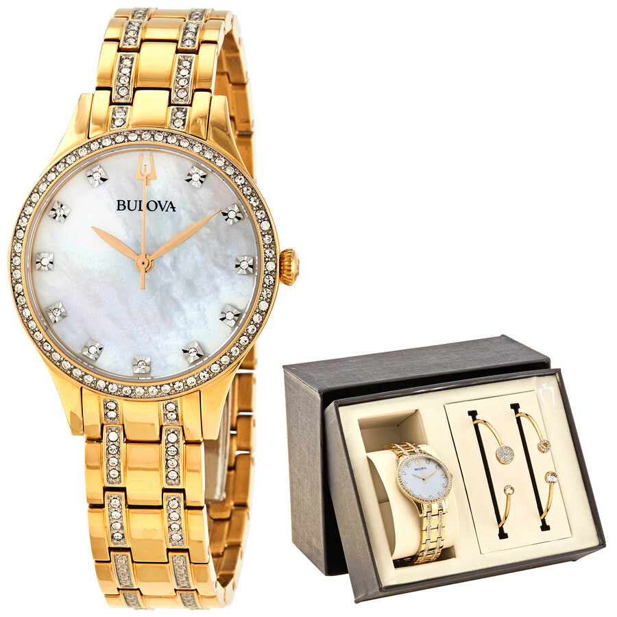 Bulova Mother of Pearl Dial Ladies Watch and Bangle Set 98X119 042429561298 Watches, Crystal