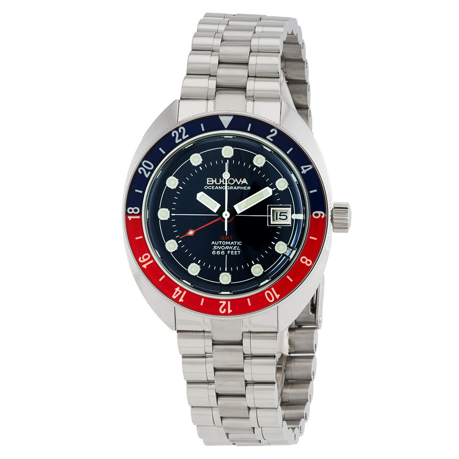 Bulova Men's Automatic Oceanographer Gmt Stainless Steel Bracelet Watch 41mm In Red) /  Two Tone  / Blue