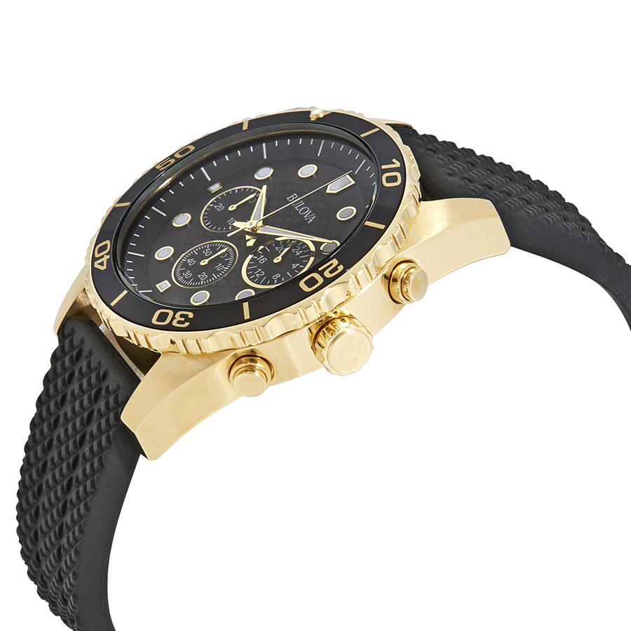 Bulova Sport Chronograph Black Dial Black Rubber Men's Watch 98A191