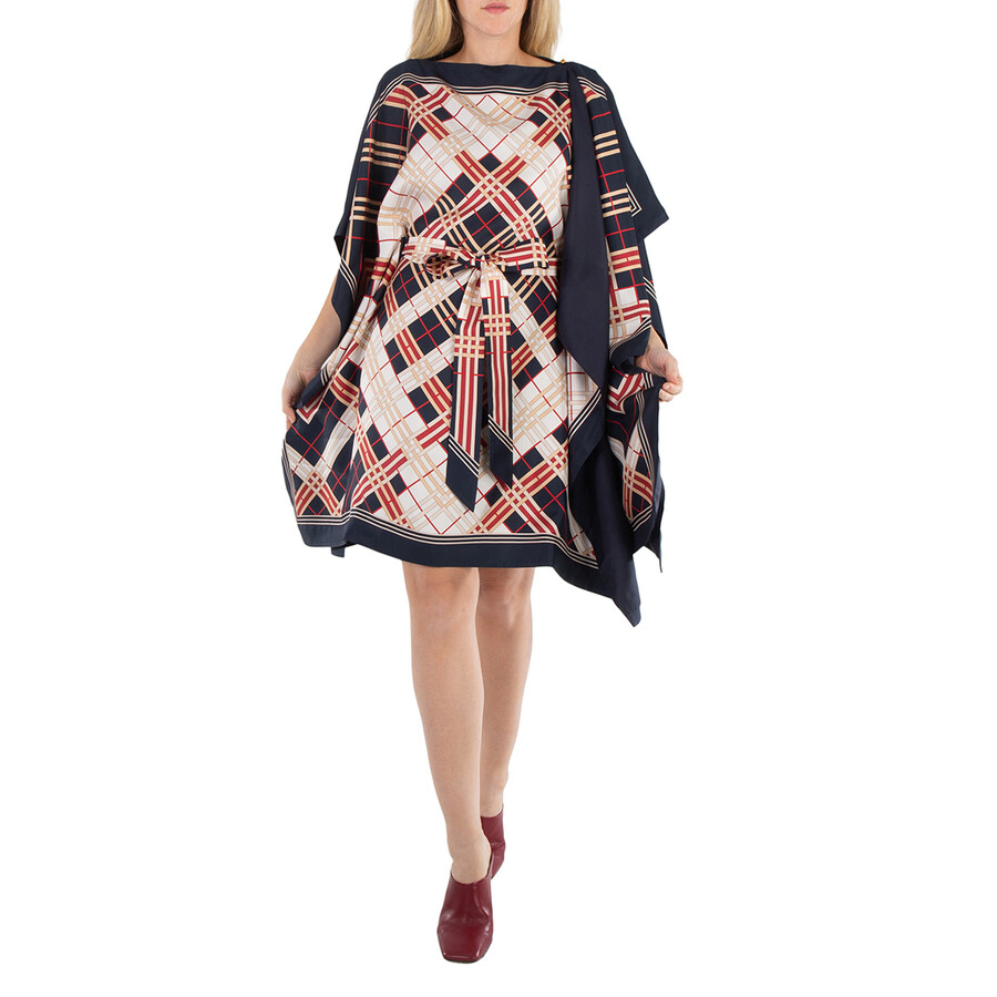 Abstract Check Print Silk Belted Cape
