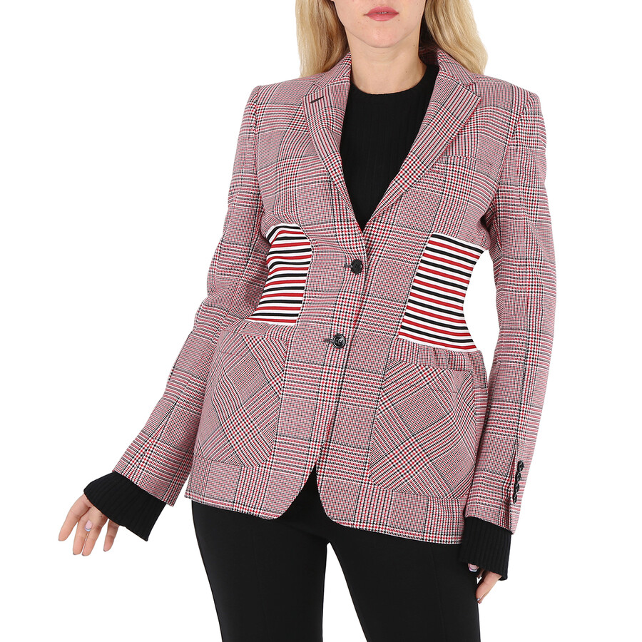 Shop Burberry Ainslee Bright Red Knit Panel Houndstooth Check Wool Jacket