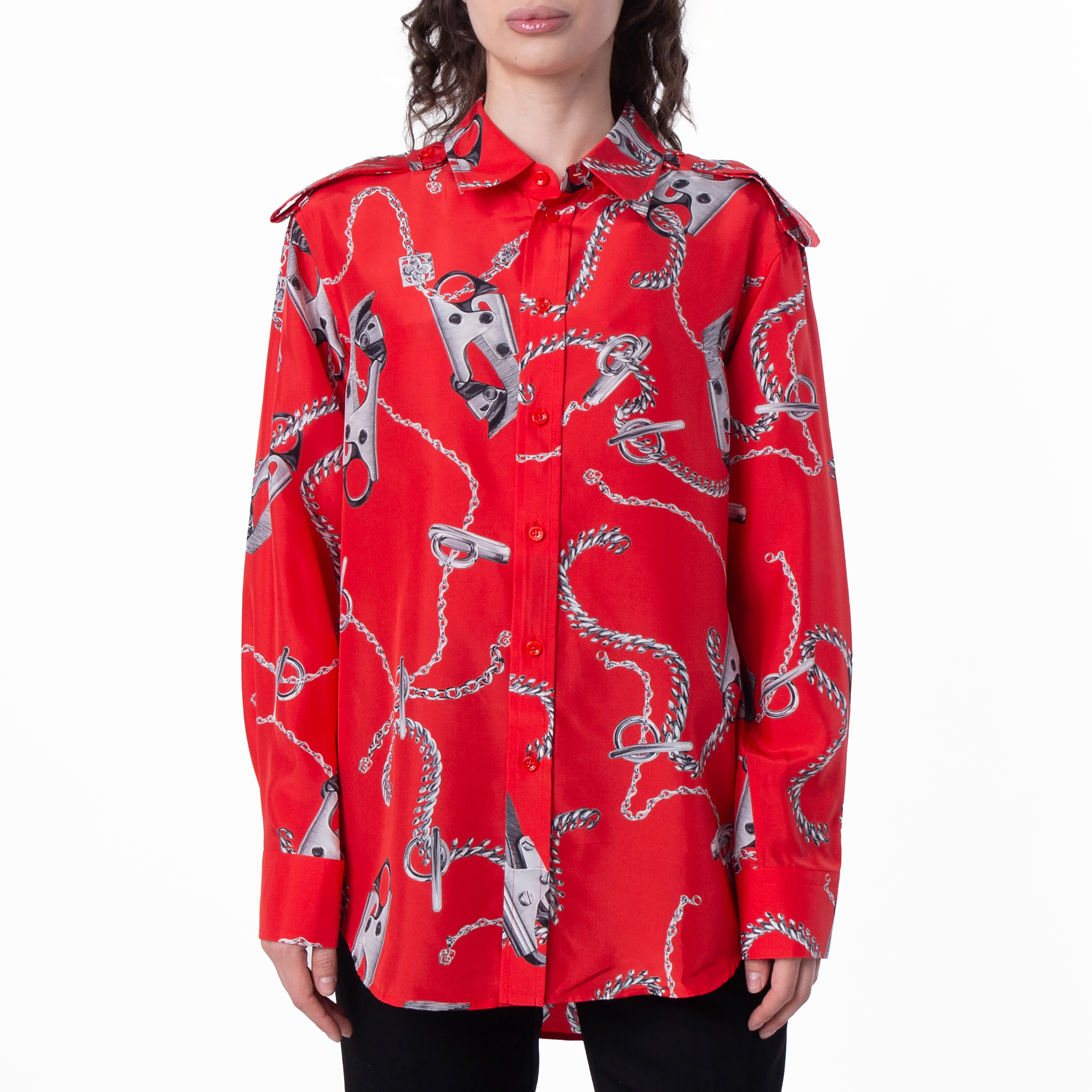 Burberry All-Over Graphic Print Silk Long Sleeve Shirt, Brand Size Burberry All-Over Graphic Print Silk Long Sleeve Shirt, Brand Size