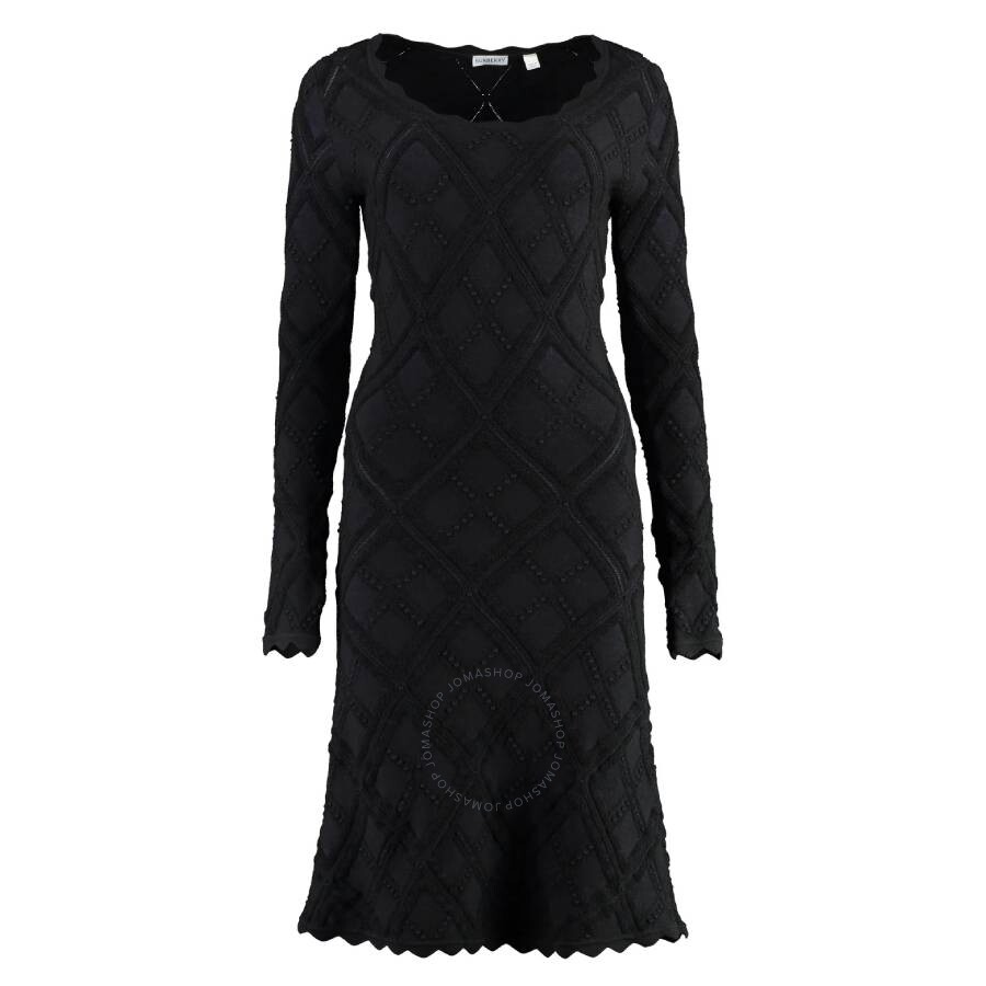 Burberry Scalloped Neckline Long Sleeve Fitted Dress In Black