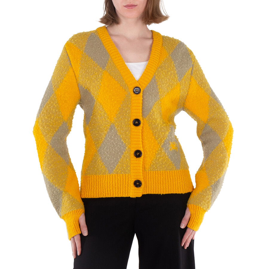 Argyle Diamond Patterned Rib Trim Cardigan