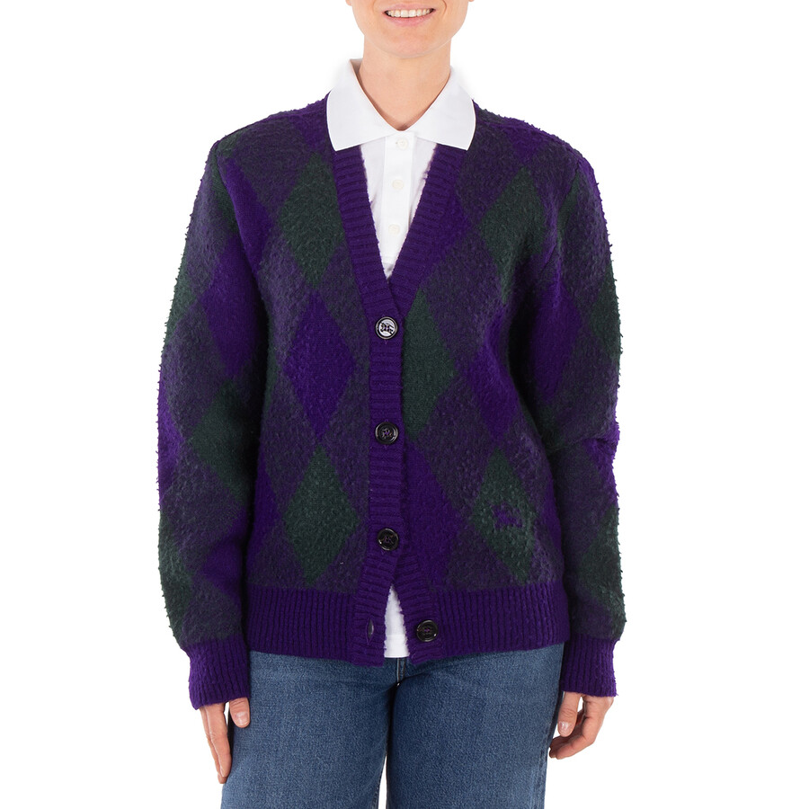 Burberry Argyle-Intarsia-Knit V-Neck Wool Cardigan, Size