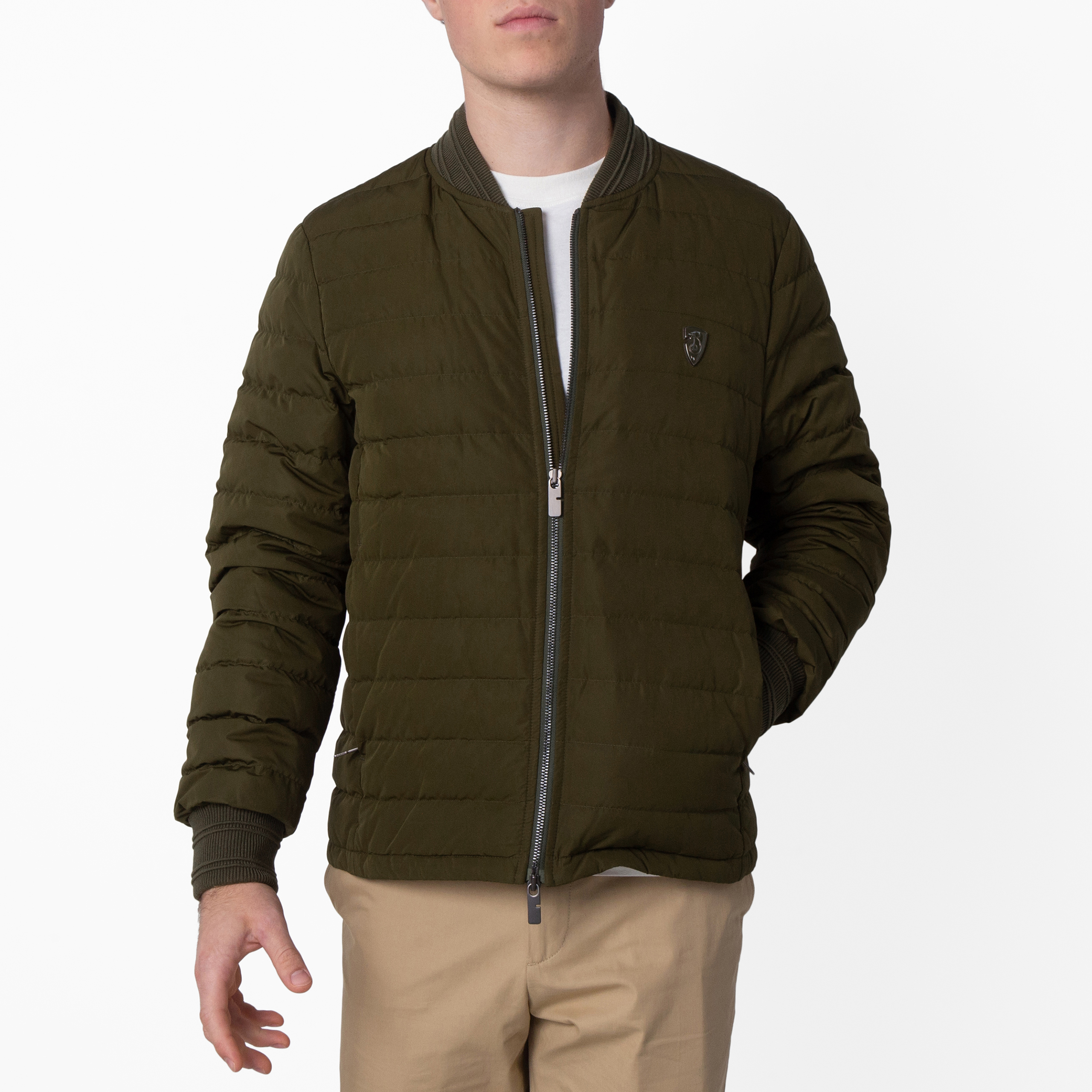 Burberry B Shield Logo Down Bomber Jacket, Size Medium 8100916