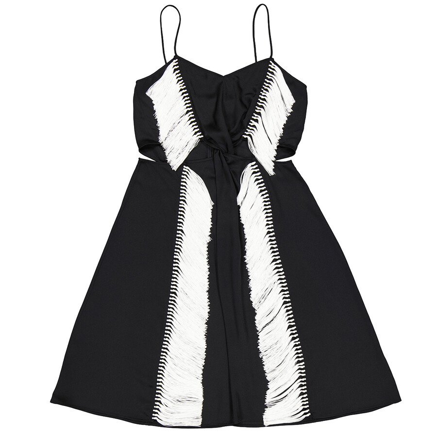 Black Silk Satin Slip Dress With Fringed Detail