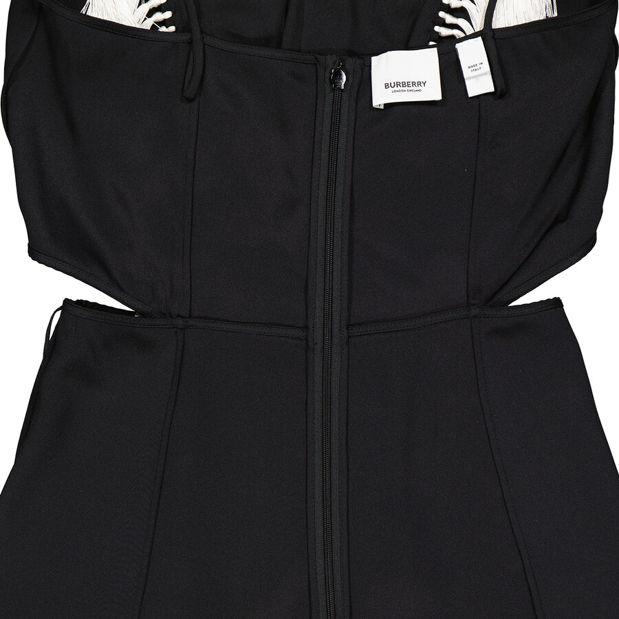 Black Silk Satin Slip Dress With Fringed Detail