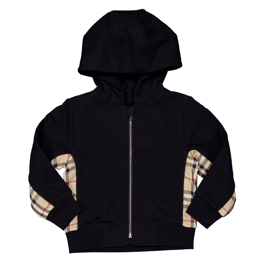 Boys Black Nolen Vintage Check Panel Cotton Hooded Top