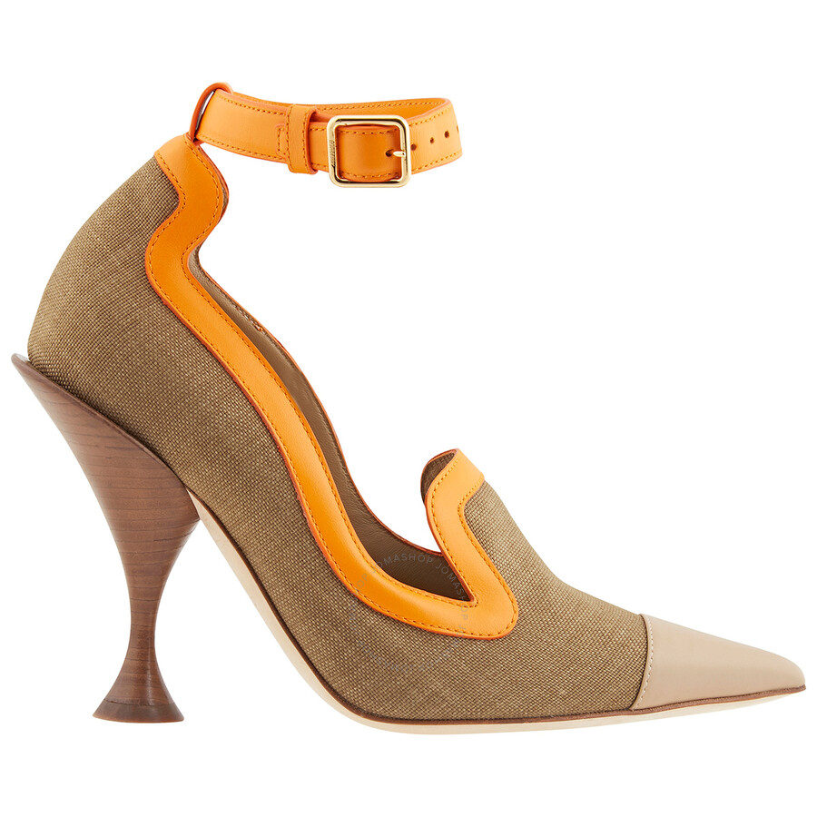 Shop Burberry Brecon Canvas And Leather Point-toe Court Pumps In Camel/orange/beige