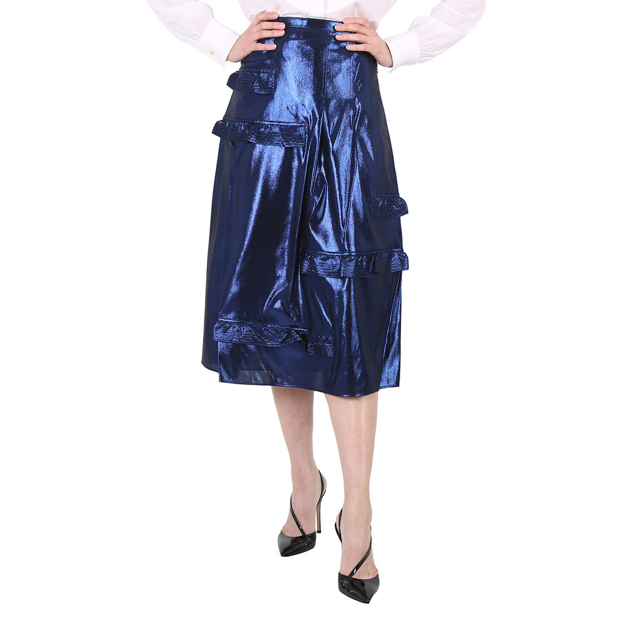 Bright Navy Ruffle Detail Lame Skirt