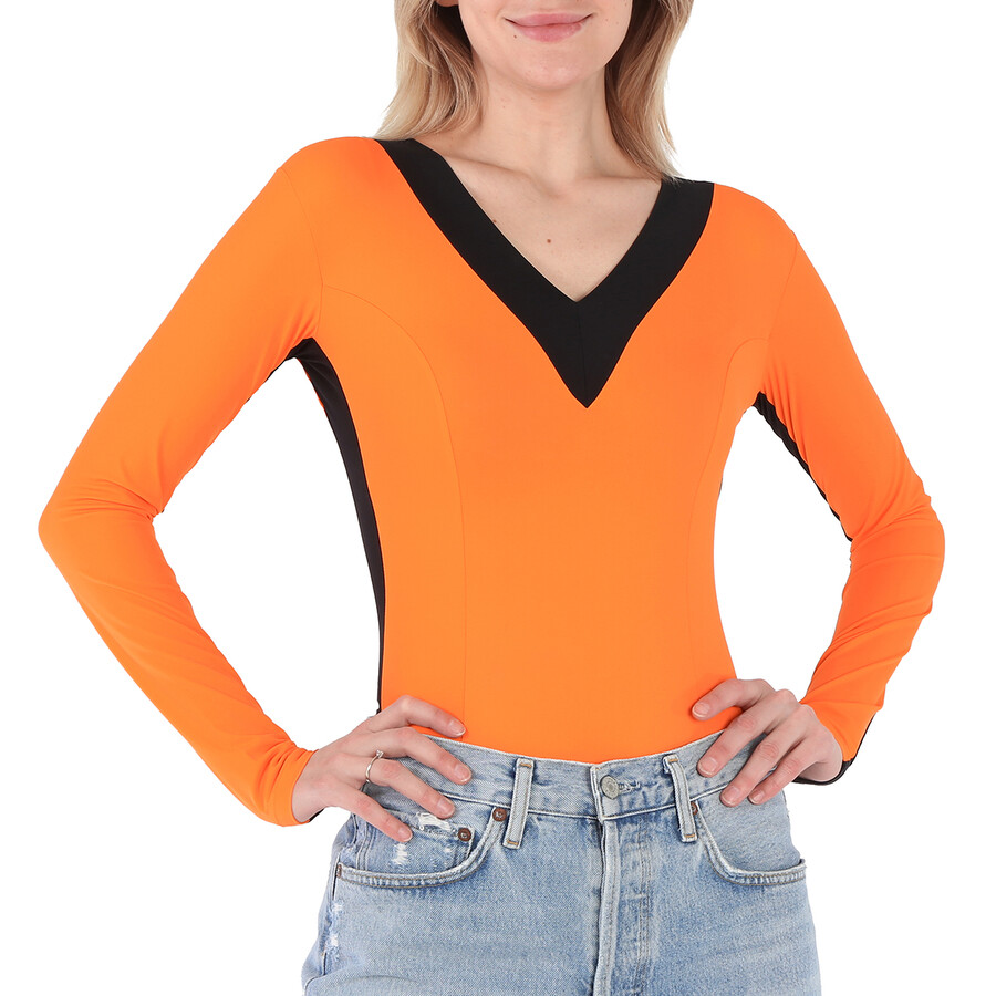 Burberry Bright Orange V-neck Bodysuit, Size Small 4560597
