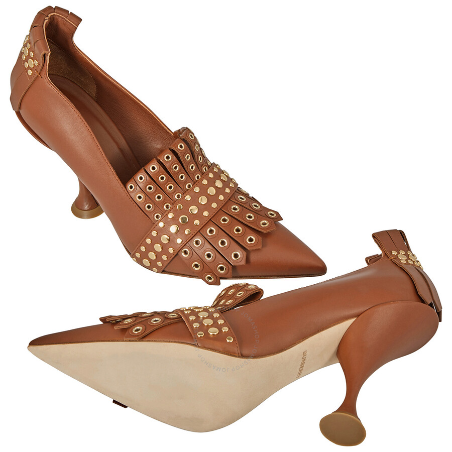 Shop Burberry Brown Studded Kiltie Fringe Leather Point Toe Pumps