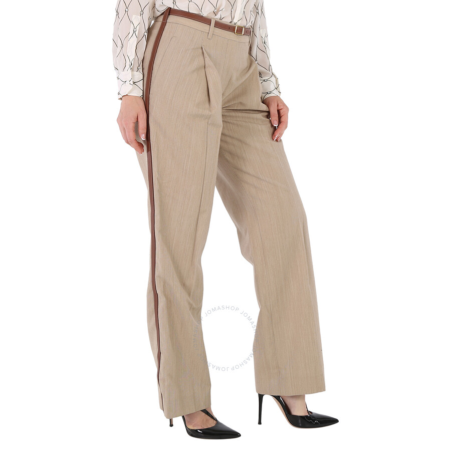 Burberry Camel Melange Wool Leather Stripe Tailored Trousers In Camel Melange