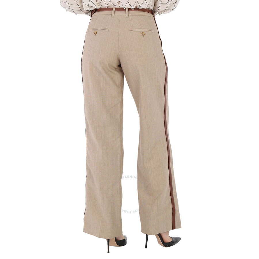 Burberry Camel Melange Wool Leather Stripe Tailored Trousers In Camel Melange