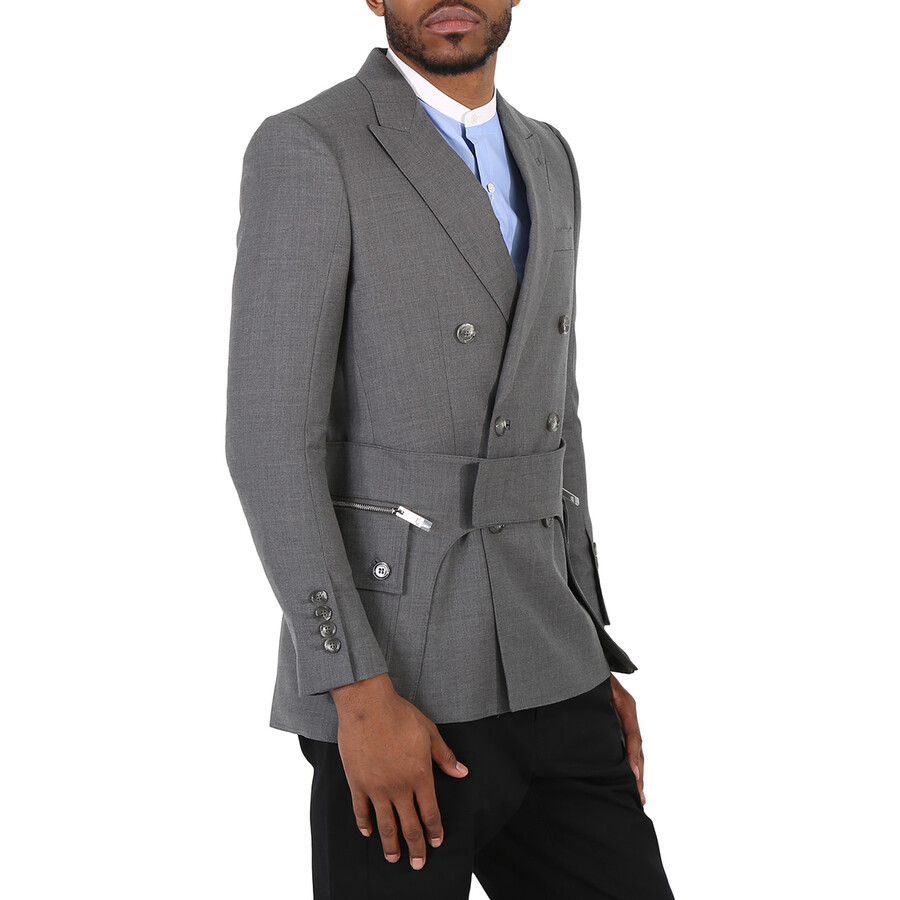 Shop Burberry Charcoal Grey English Fit Wool Tailored Jacket With Cargo Belt Detail