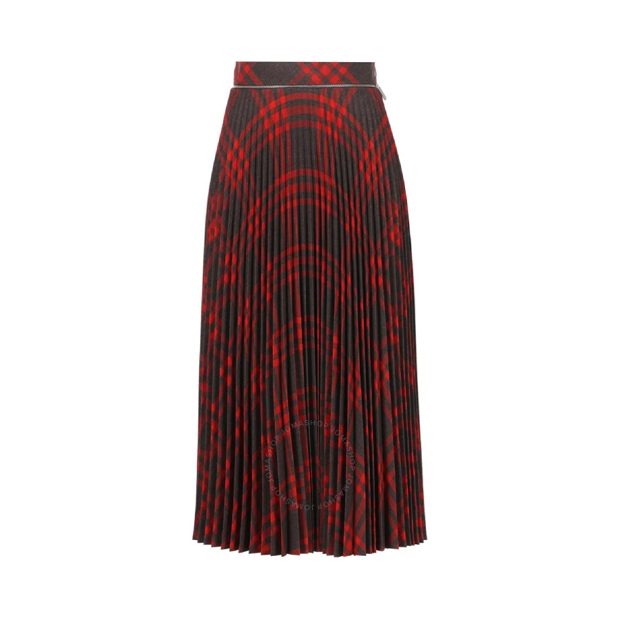 Burberry Pleated Check Midi Skirt In Red