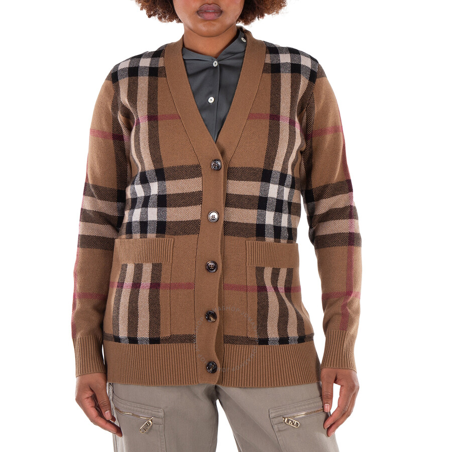 Burberry Checked Wool-Cashmere Blend Cardigan, Size XX-Large