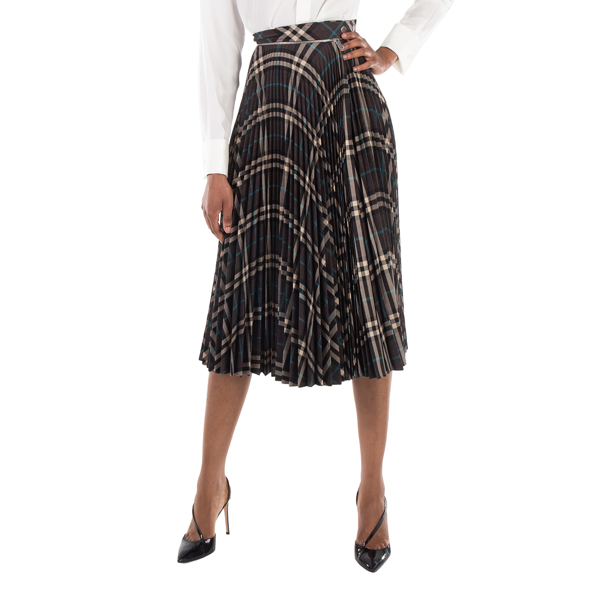 Burberry Checkered Pleated Zip-Detailed Wool Skirt, Brand Size 4